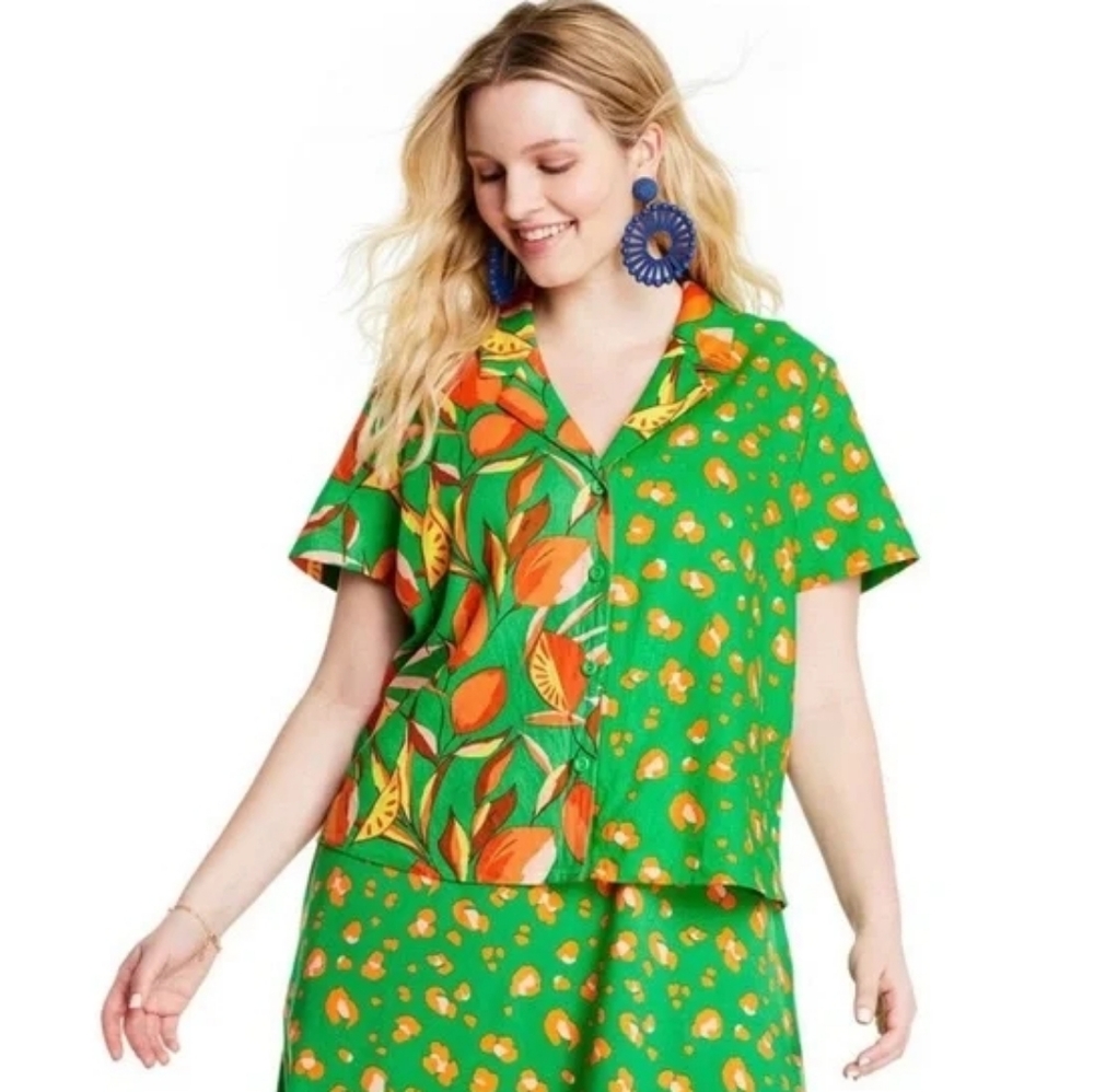 Tabitha Brown for Target Plus Sibutton-down shirt Linen Womens 2X Colorful - Picture 4 of 11